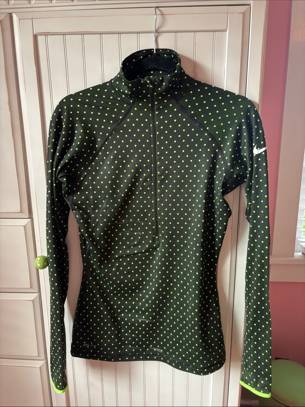 Nike Women's Black Long-Sleeve Half-Zip Top with Neon Green Polka Dots